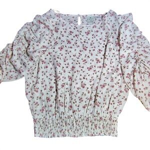Paper Crane Womens Floral Puff‎ Sleeve Smocked Hem Top milkmaid M boho twee y2k